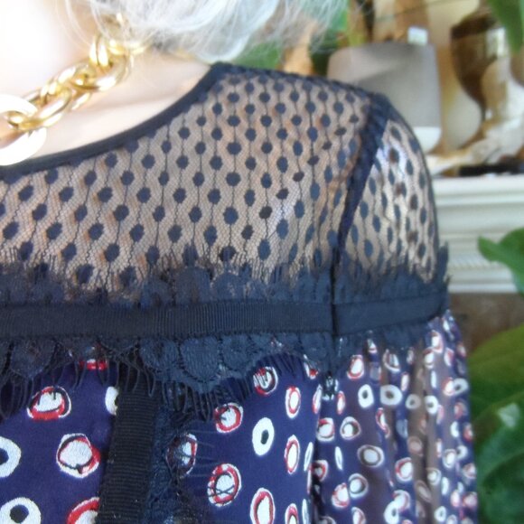 New Diane Von Furstenberg Navy Blue Multi 100% Silk Chiffon Peasant Dress Size 2 - Picture 6 of 16